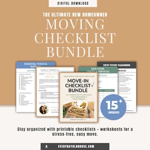 Puede incluir: Una imagen de descarga digital con el texto "MOVING CHECKLIST BUNDLE" y "15+ CHECKLISTS". La imagen presenta listas de verificación imprimibles para nuevos propietarios, con títulos como "Essential Tools & Supplies" y "Move-In Checklist Bundle".