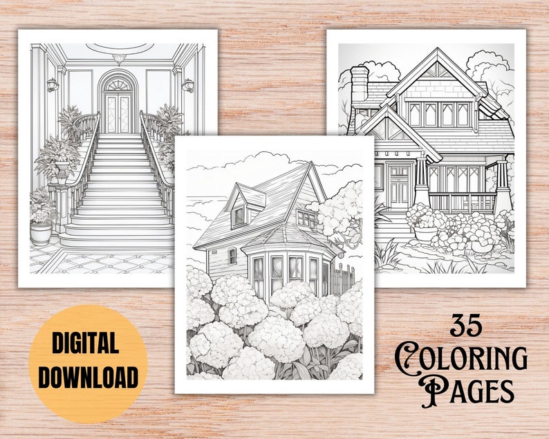 35 Coloring pages for old house enthusiasts, instant downloadable vintage historical architecture coloring book, with Victorian, Craftsman, even Mid-century Modern samples.  Way to relax and enjoy vintage homes, or use for housewarming parties.