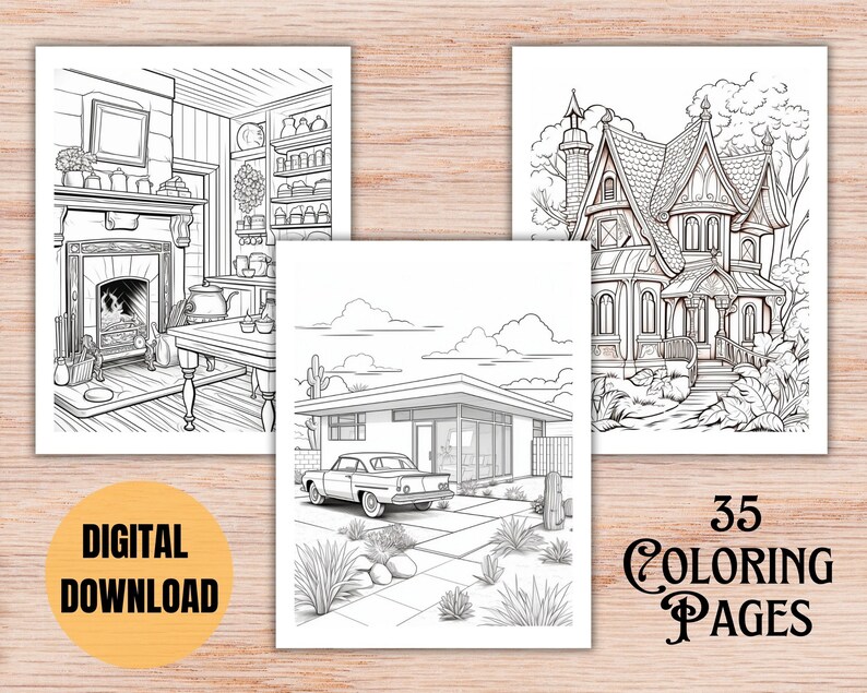 35 Coloring pages for old house enthusiasts, instant downloadable vintage historical architecture coloring book, with Victorian, Craftsman, even Mid-century Modern samples.  Way to relax and enjoy vintage homes, or use for housewarming parties.