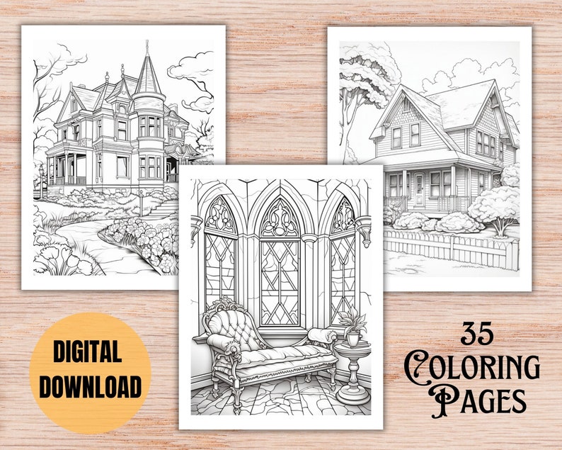 35 Coloring pages for old house enthusiasts, instant downloadable vintage historical architecture coloring book, with Victorian, Craftsman, even Mid-century Modern samples.  Way to relax and enjoy vintage homes, or use for housewarming parties.