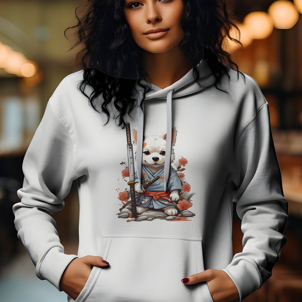 Sweat à capuche mignon pour chien imprimé sur le devant avec Katana à capuche Samurai Dog Design à capuche unisexe en coton avec imprimé sur le devant pour chien