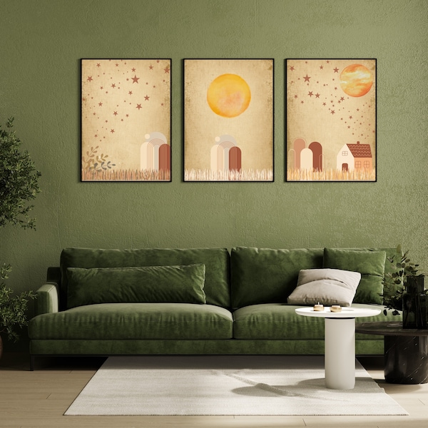 Arte de Pared Boho con Estrellas y Sol - Set de 3 Láminas en Beige, Decoración Neutra y Elegante para el Hogar.