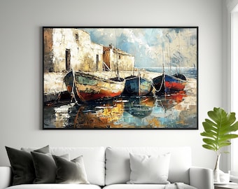 Pack de 4 Ilustraciones Digitales - Temática Marítima, Barcos en Muelle, Estilo Boho Chic para Hogar, Arte Descargable.