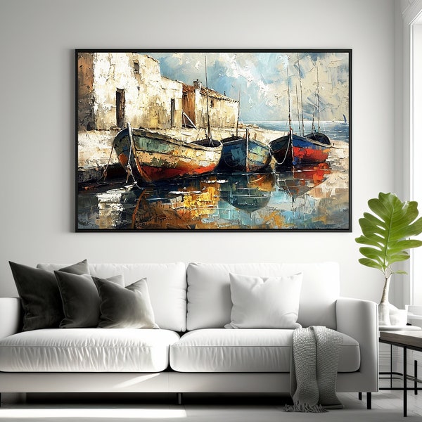 Pack of 4 Digital Illustrations - Maritime Theme, Boats in Dock, Boho Chic Style for Home, Downloadable Art.