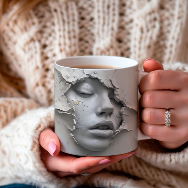 3D Mug with Woman's Face - Crack on Wall Design - Sublimation Template 11oz/15oz - Original Gift Download PNG.