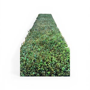 May include: A rectangular, artificial grass rug with varying shades of green. The rug is thick and textured, with a dense, realistic appearance. The edges are clean and straight, and the rug is set against a white background.