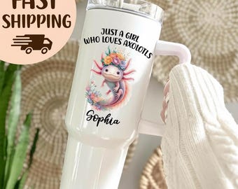 Personalized Axolotl Lover Tumbler with Name, Personalized 40oz Tumbler with Handle, Cute Floral Axolotl Gift Cup for Girls, Axolotl Girls