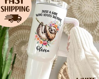 Personalized Sloth Lover Tumbler with Name, Personalized Sloth 40oz Tumbler, Cute Floral Sloth Gift for Women Girl, Sloth Lover Gift