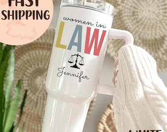 Women in Law Personalized Tumbler with Name, 40oz Legal Career Gift for Her, Custom Name Attorney or Lawyer Tumbler with Justice Scale