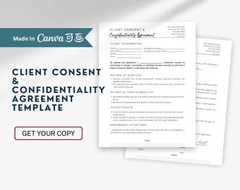 May include: A black and white printable template for a client consent and confidentiality agreement. The template includes sections for client information, nature of services, potential risks and benefits, client rights, and emergency situations. The text "Get Your Copy" is displayed on a red button.