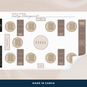 May include: A wedding seating chart with a dance floor, buffet, bar, and head table. The chart is labelled with table numbers and names, such as "DJ", "Cake", and "Head Table".