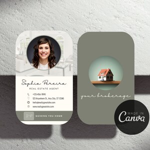 May include: A white and green real estate business card with a photo of a woman and the text "Sophia Pereira, Real Estate Agent". The card also includes a phone number, address, email address, website address, and the text "Guiding You Home".