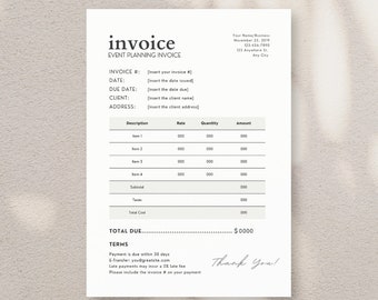 Event Planner Invoice Template | Business Invoice | Simple | Canva | Minimalist | Editable Invoice Form | Event Planning | Line Item