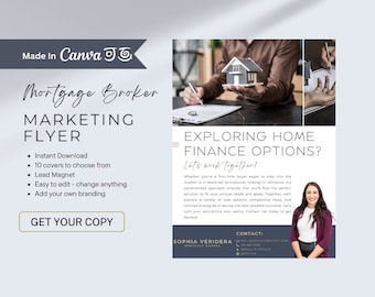 Pode incluir: Um folheto de marketing para um corretor de hipotecas com fundo branco e uma foto de uma pessoa segurando uma casa modelo. O folheto tem o texto "Explorando opções de financiamento imobiliário? Vamos trabalhar juntos!" e inclui as informações de contato do corretor.