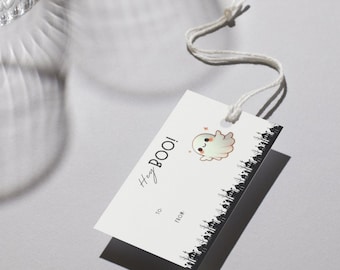 Customizable Halloween Gift Hang Boo Bag Tag 2.5" x 3" Vintage-Style Printable Tag Halloween Gift Exchange Editable Canva Template