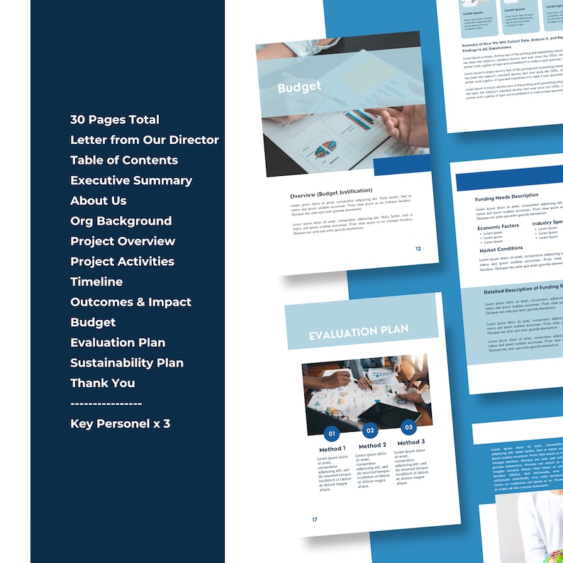 May include: A document with a blue and white color scheme outlining a project plan. The document includes sections for budget, evaluation plan, funding needs, and key personnel. The document also includes a table of contents, executive summary, and project overview.