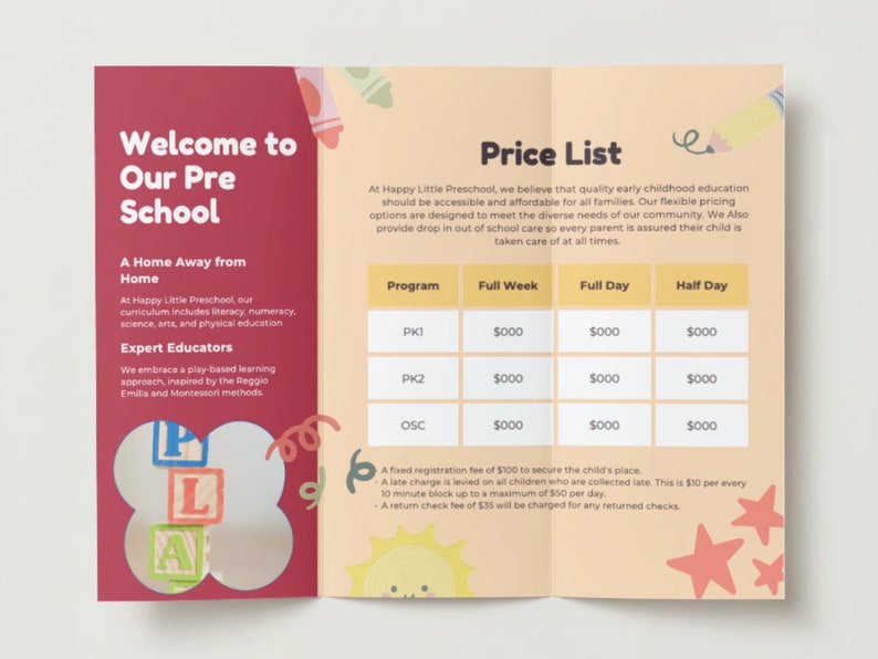 Editable Preschool Daycare Center Trifold Brochure Template Printable ...