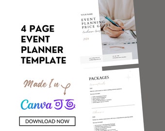 Minimal 4-Page Event Planning Price Guide Template | Editable Canva | Event Planner Brochure |  Cost | Pricing Sheet | Packages | Printable