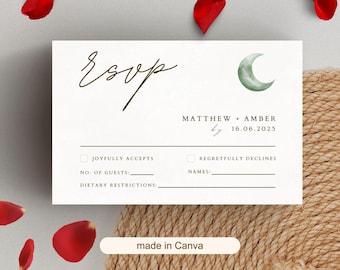 Sage Green Crescent Moon Wedding RSVP Card Template (Canva Editable)