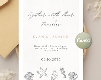 Elegant Beach Wedding Invitation Template: Minimalist Design (Canva Editable, 5x7 Digital Download)