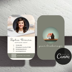 May include: A white business card with rounded corners featuring a photo of a woman with brown hair and a green shirt. The text on the card reads "Saphia Pereira, Mortgage Agent" and includes contact information, including a phone number, address, email address, and website. The card also includes the text "Guiding You Home" and a logo with the initials "SP". The card is next to a green business card with rounded corners featuring a small house with a red roof. The text on the card reads "your brokerage" and "MADE IN Canva".