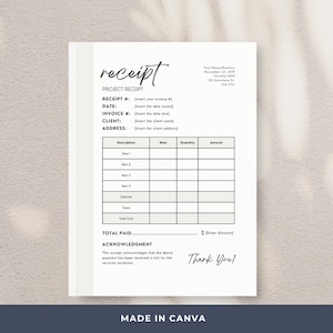 Project Receipt | Business Receipt Template | Simple | Canva | Minimalist | Editable Receipt Form | Detailed Cost Breakdown | Line Items