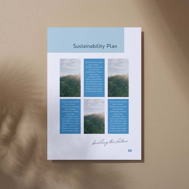 May include: A sustainability plan document with the title "Sustainability Plan" and the text "building the future" at the bottom. The document features four images of a lush green forest with a cloudy sky.