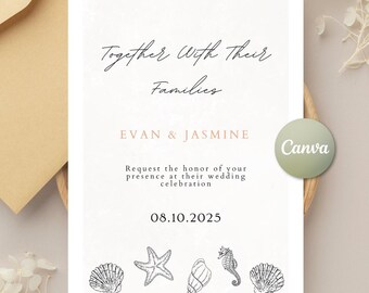 Elegant Beach Wedding Invitation Template: 5x7 Double-Sided Design (Canva Editable, Digital Download)