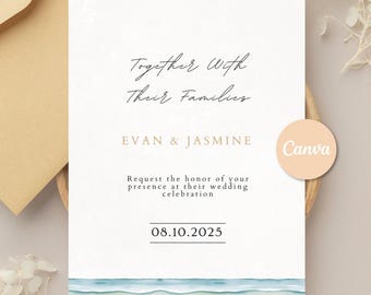 5x7 Editable Beach Destination Wedding Invitation Canva Template | Elegant Double-Sided Design | Minimalist | Fully Customizable |