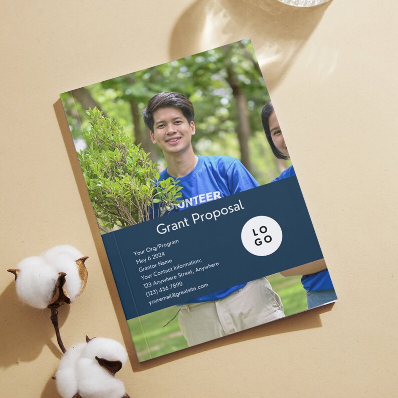 May include: A blue and white grant proposal cover with the text "Grant Proposal" and "Volunteer" in white. The cover also features a logo with the text "LO GO" in white. The background image shows two people planting trees.