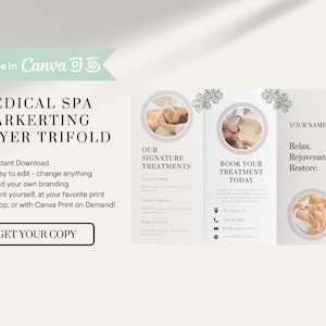 Editable Wellness & Beauty Trifold Brochure Template – Canva Spa Marketing Pamphlet with Swappable Icons