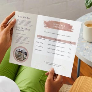 Wedding Vendor Pricing & Services Trifold Brochure Template | Editable Canva Pamphlet for Planners, Florists, Caterers, Photographers