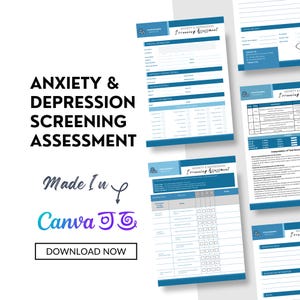 Puede incluir: Un formulario de evaluación de detección de ansiedad y depresión imprimible en azul y blanco. El formulario incluye secciones para información personal, detalles de contacto de emergencia, detalles de seguro y una evaluación de detección.