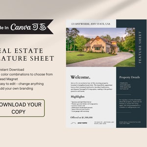 May include: A real estate feature sheet template with a photo of a house. The template includes information about the property, such as the number of bedrooms and bathrooms, square footage, and lot size. It also includes a welcome message and highlights of the property. The template is offered at $1,500,000.