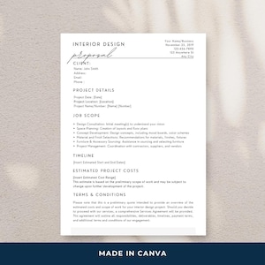 May include: Interior design proposal template with a black and white colour scheme. The document includes sections for client information, project details, job scope, timeline, estimated project costs, and terms and conditions. The document is titled "Interior Design Proposal" and is made in Canva.