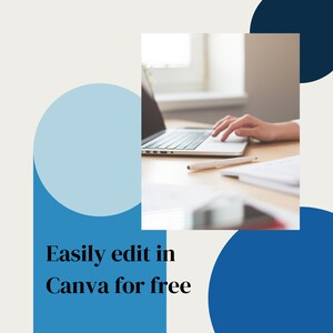 May include: A person's hand is typing on a laptop computer with a white pen and a notebook on a wooden desk. The text "Easily edit in Canva for free" is displayed on the image.