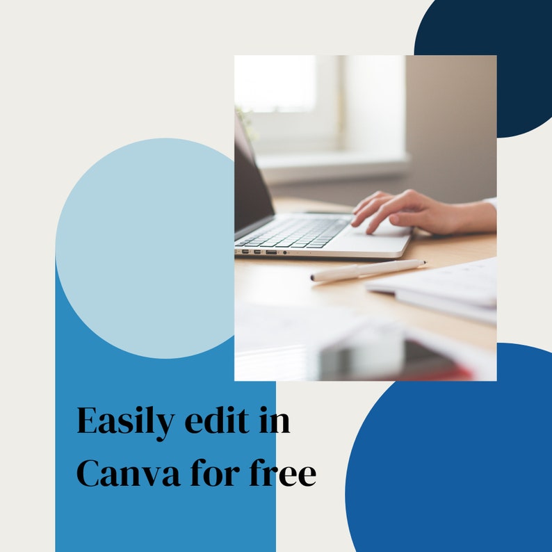 May include: A person's hand is typing on a laptop computer with a white pen and a notebook on a wooden desk. The text "Easily edit in Canva for free" is displayed on the image.
