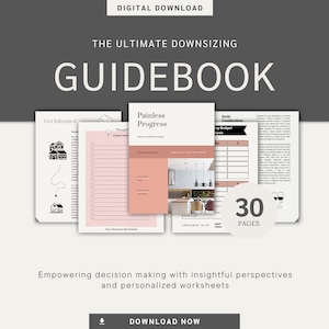 May include: A digital guidebook for downsizing with 30 pages. The guidebook features a pink and white colour scheme and includes worksheets and checklists. The text on the cover reads "The Ultimate Downsizing Guidebook".