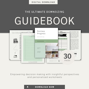 May include: A digital guidebook for downsizing with 30 pages of worksheets and tips. The cover features a green and white design with the title "The Ultimate Downsizing Guidebook".