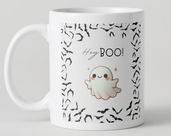 Cute "Hey Boo!" Halloween Mug Template | Whimsical Ghost Canva Design | Vintage Printable Mug | Editable Digital Download | Canva POD Option