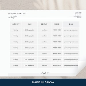 Event Planner Vendor Contact List | Vendor Mangement | Canva Template | Editable | Instant Download | Minimalist | Aesthetic