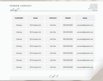 Event Planner Vendor Contact List: Minimalist Canva Template (Instant Download)