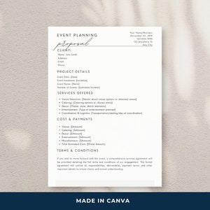 Puede incluir: Una plantilla de propuesta de planificación de eventos en blanco y negro con el título "EVENT PLANNING proposal" y el texto "MADE IN CANVA" en la parte inferior.