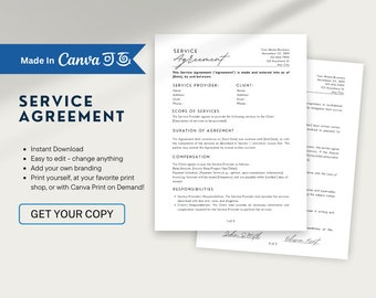Versatile Service Agreement Template | Fully Customizable in Canva | Professional Contract Template for Any Business