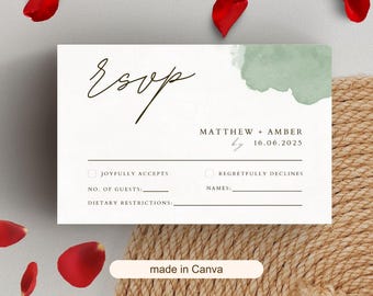 Sage Green Wedding RSVP Card Template: Minimalist Design (Canva Editable)