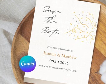 Gold Confetti Save the Date Template: Customizable Photo (Canva, Digital Download)