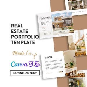 Puede incluir: Una plantilla de cartera de bienes raíces hecha en Canva con un diseño moderno. La plantilla presenta una declaración de visión, una descripción de los servicios de bienes raíces e imágenes de casas de lujo.