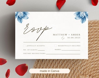 Blue Wildflower Wedding RSVP Card: Elegant Minimalist Design (Canva Template)