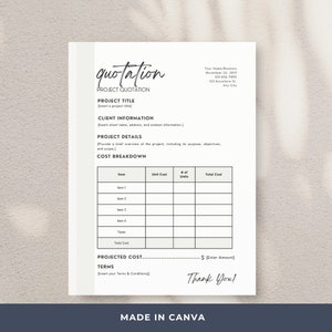 Op de afbeelding: Een zwart-witte printbare projectofferte-sjabloon met het woord "quotation" in een handschriftlijk lettertype. De sjabloon bevat secties voor de projecttitel, klantgegevens, projectdetails, kostenoverzicht, geschatte kosten, voorwaarden en een bedankbericht.