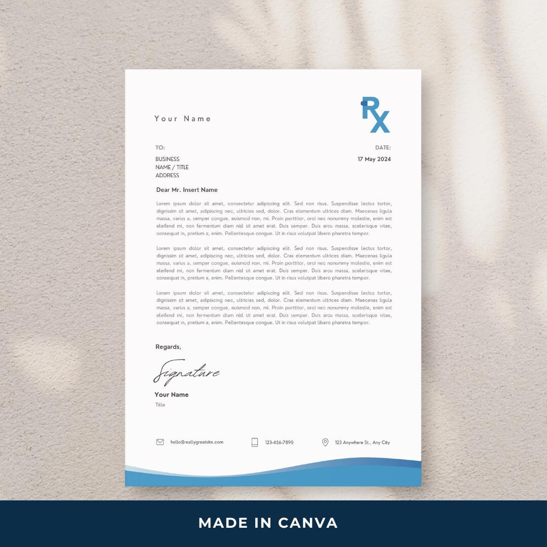 Lettering Blue Rx Minimalist RX Letterhead Template: Medical Company Design (canva ...